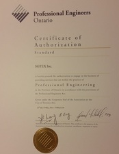SGTEX Inc. Certificate of Authorization  by Professional Engineers Ontario Canada 